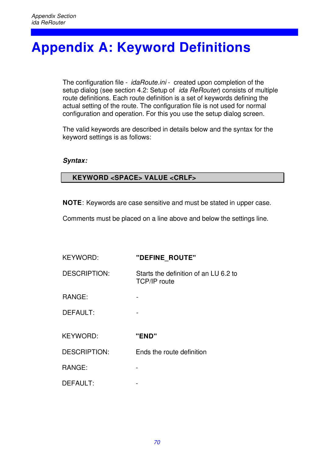 I-Data ReRouter instruction manual Appendix a Keyword Definitions, Syntax 