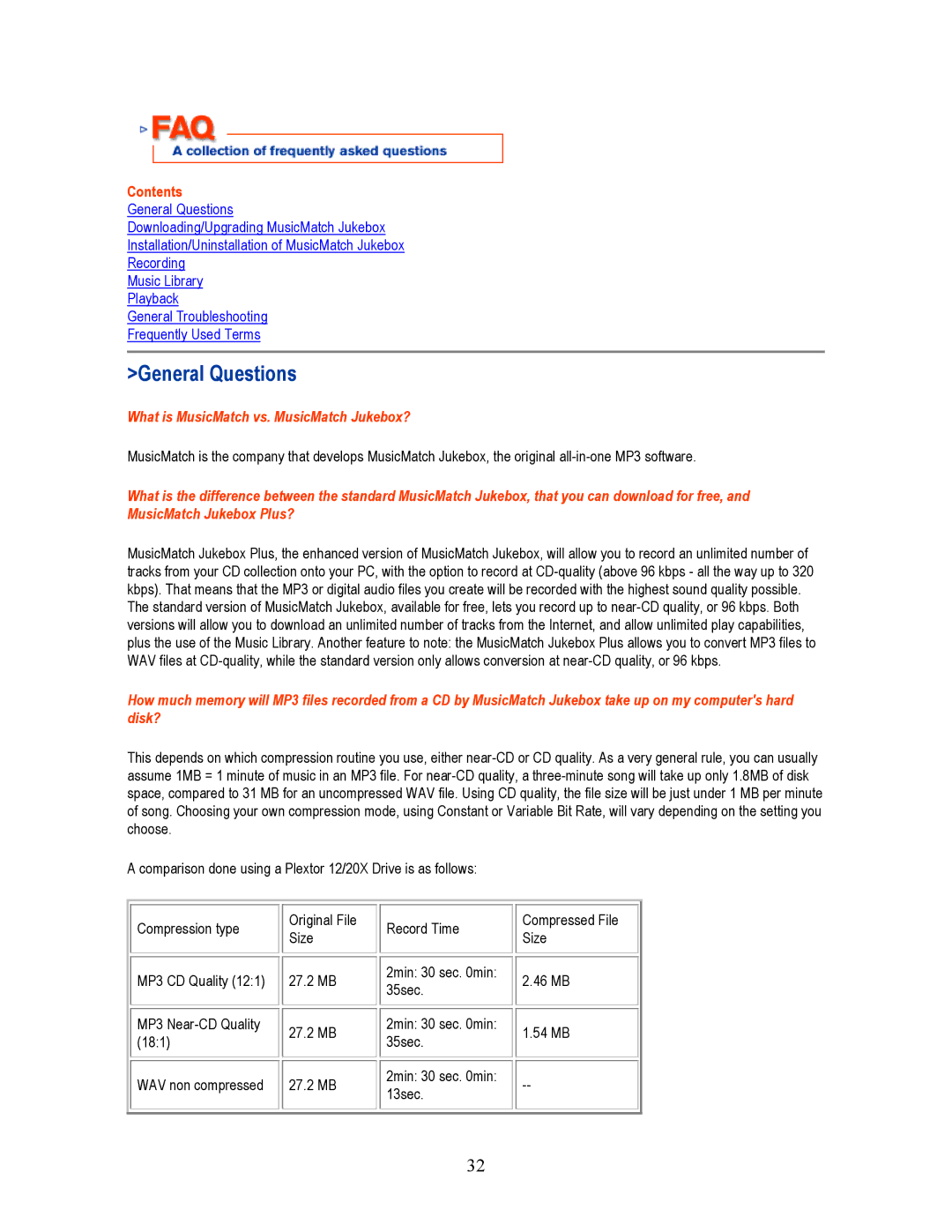 I-JAM Multimedia 100 manual General Questions, Contents, What is MusicMatch vs. MusicMatch Jukebox? 