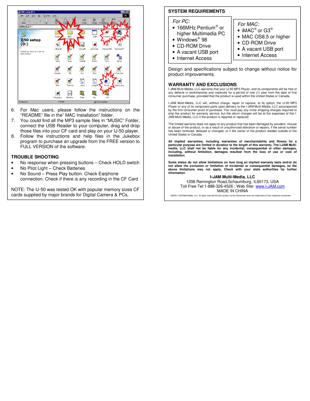 I-JAM Multimedia IJ-50 manual System Requirements, Trouble Shooting, Warranty and Exclusions 