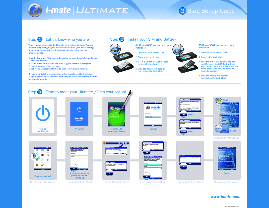 i-mate 6150 manual Step Set-up Guide, Let us know who you are Install your SIM and Battery 