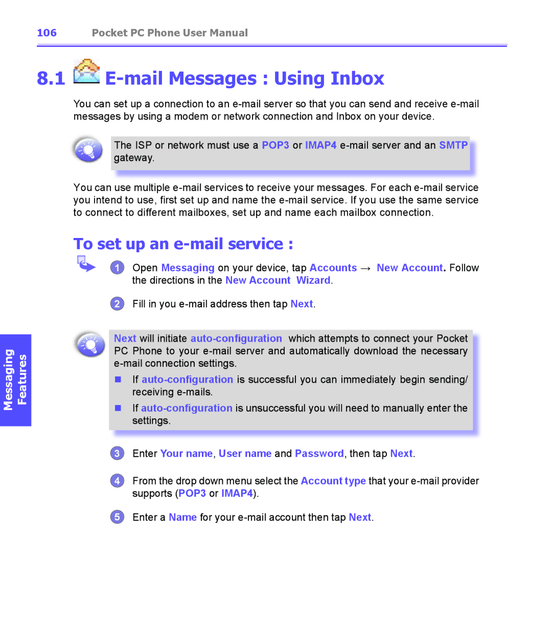 i-mate PDA2K EVDO manual Mail Messages Using Inbox, To set up an e-mail service 