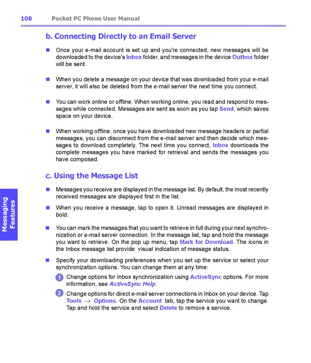 i-mate PDA2K EVDO manual Connecting Directly to an Email Server, Using the Message List 