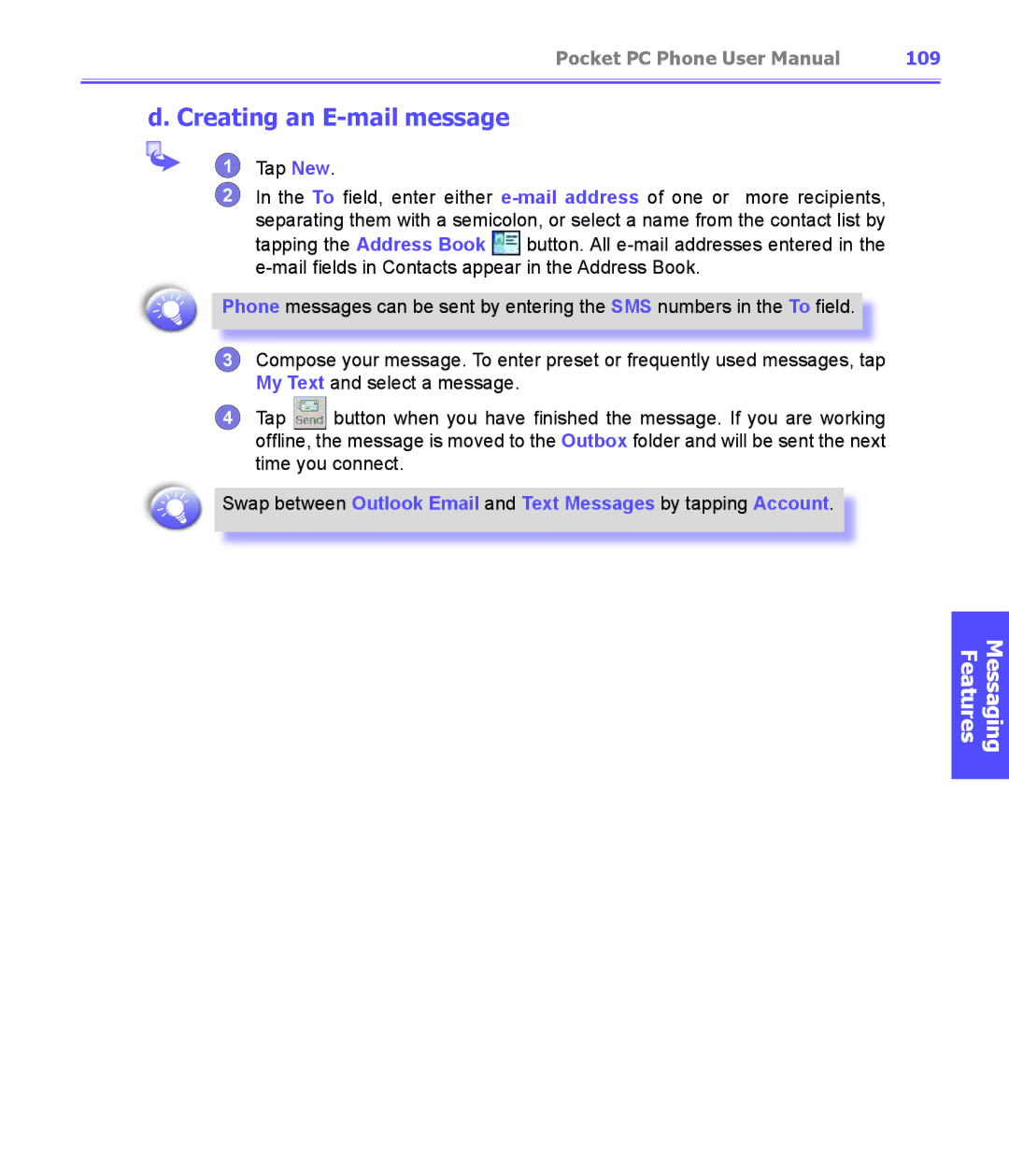 i-mate PDA2K EVDO manual Creating an E-mail message, 109 