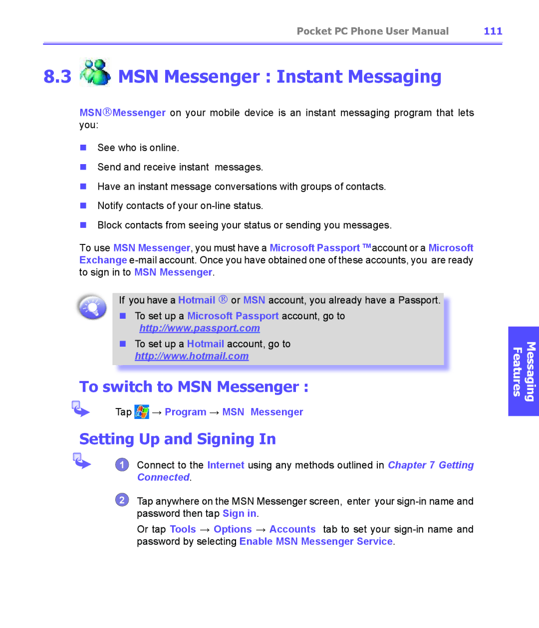 i-mate PDA2K EVDO manual MSN Messenger Instant Messaging, To switch to MSN Messenger, Setting Up and Signing, 111 