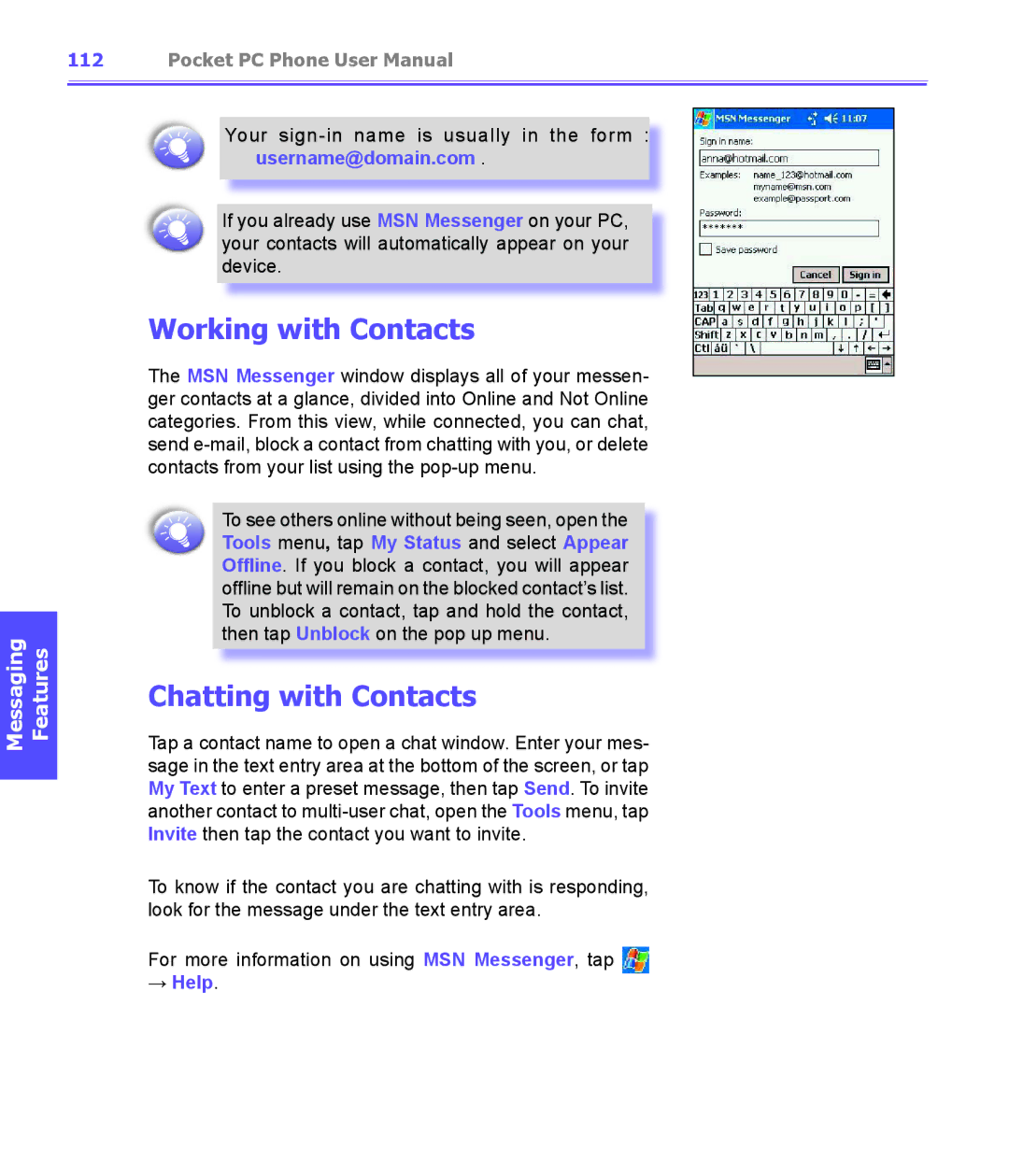 i-mate PDA2K EVDO manual Working with Contacts, Chatting with Contacts, → Help 