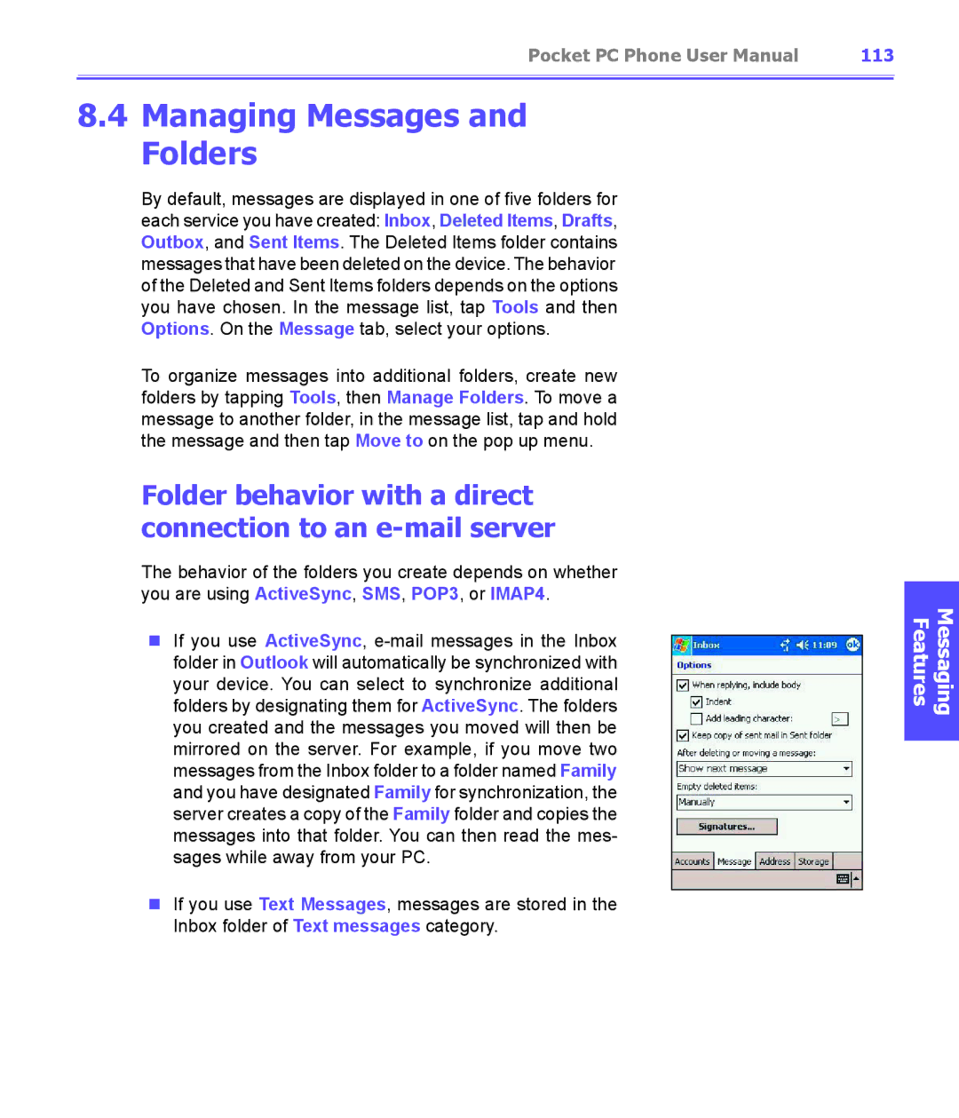 i-mate PDA2K EVDO manual Managing Messages and Folders, 113 