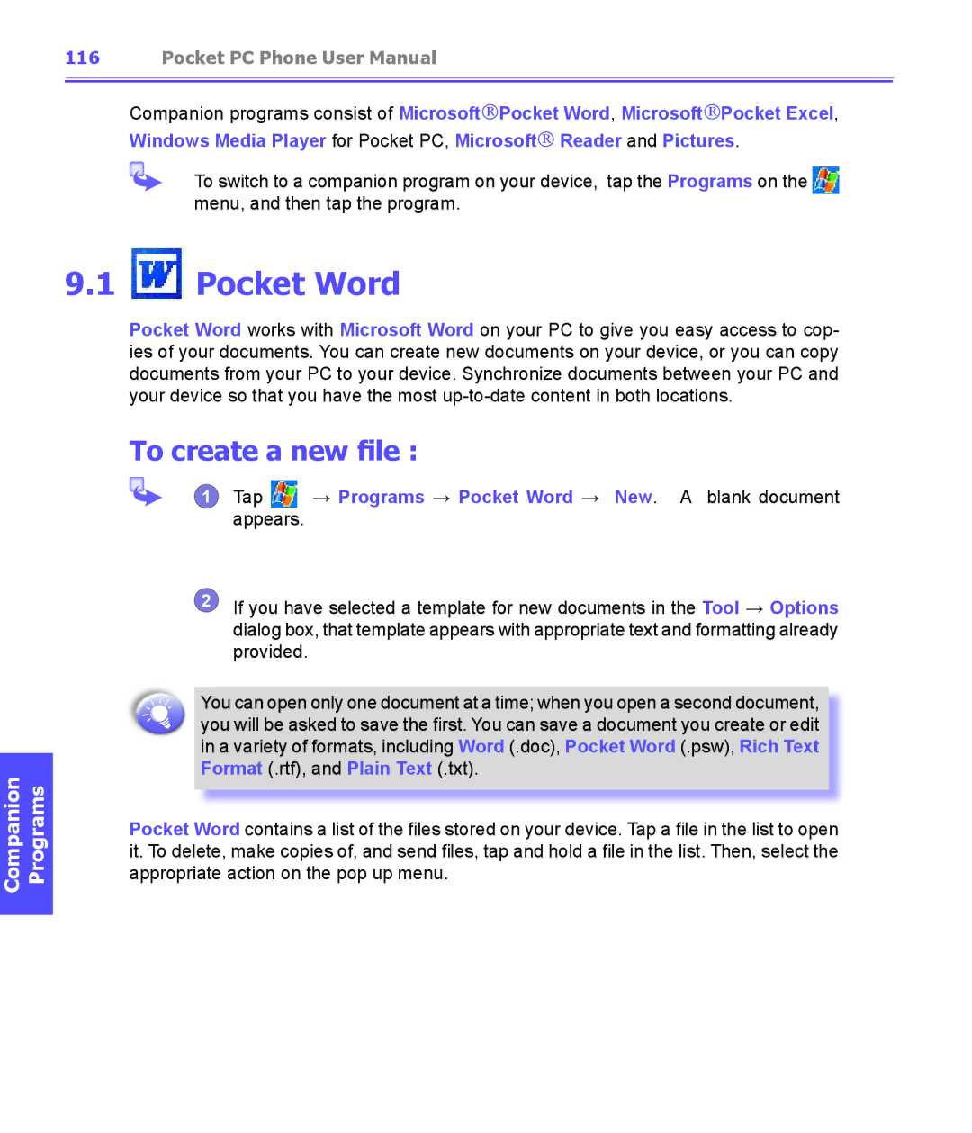 i-mate PDA2K EVDO manual Pocket Word, To create a new file 