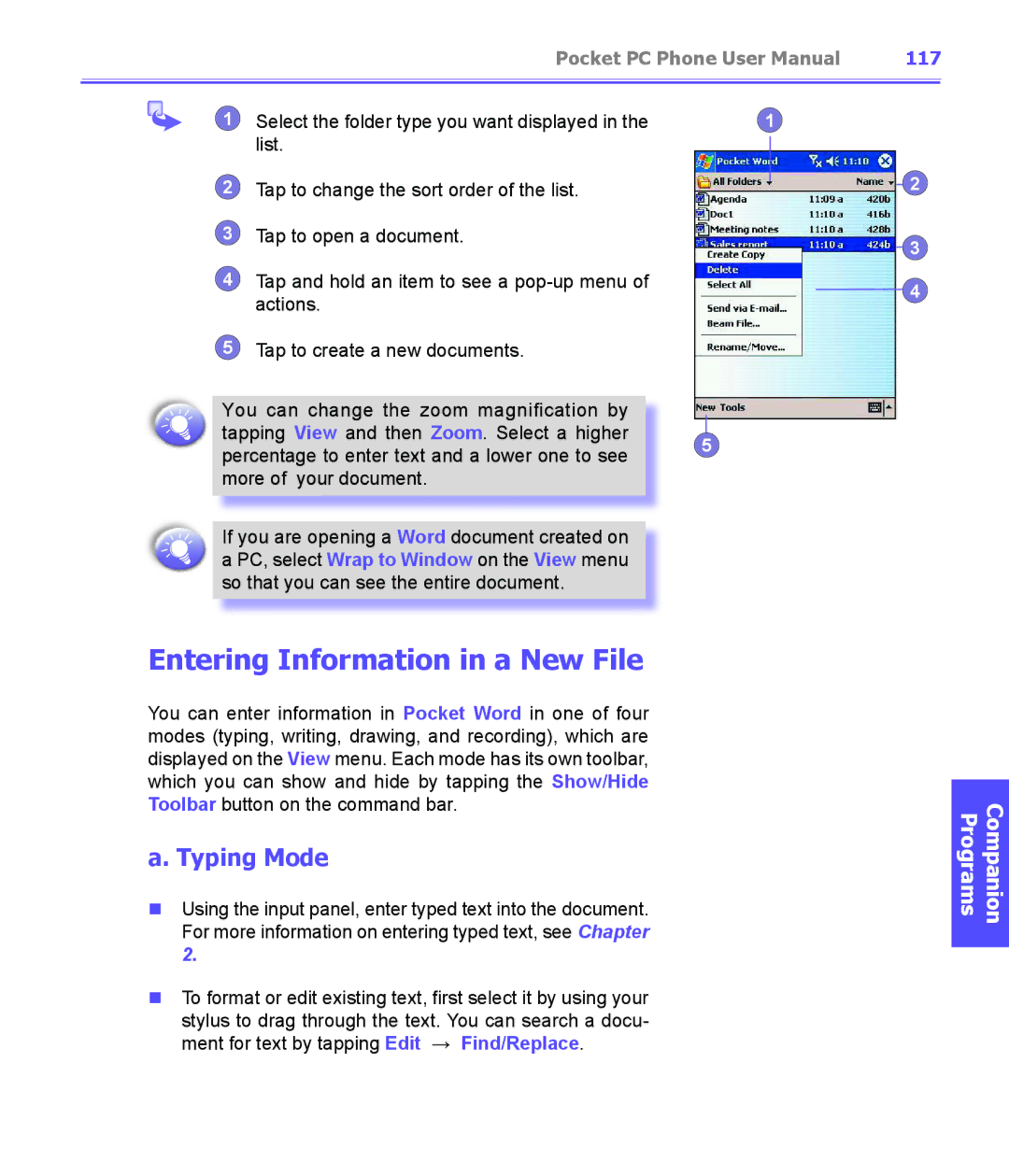 i-mate PDA2K EVDO manual Entering Information in a New File, Typing Mode, 117 