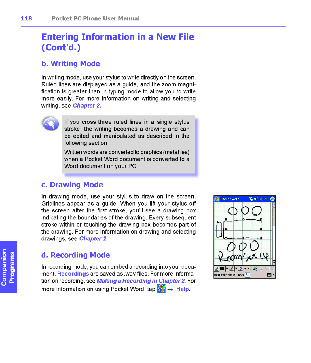 i-mate PDA2K EVDO manual Entering Information in a New File Cont’d, Writing Mode, Drawing Mode, Recording Mode 