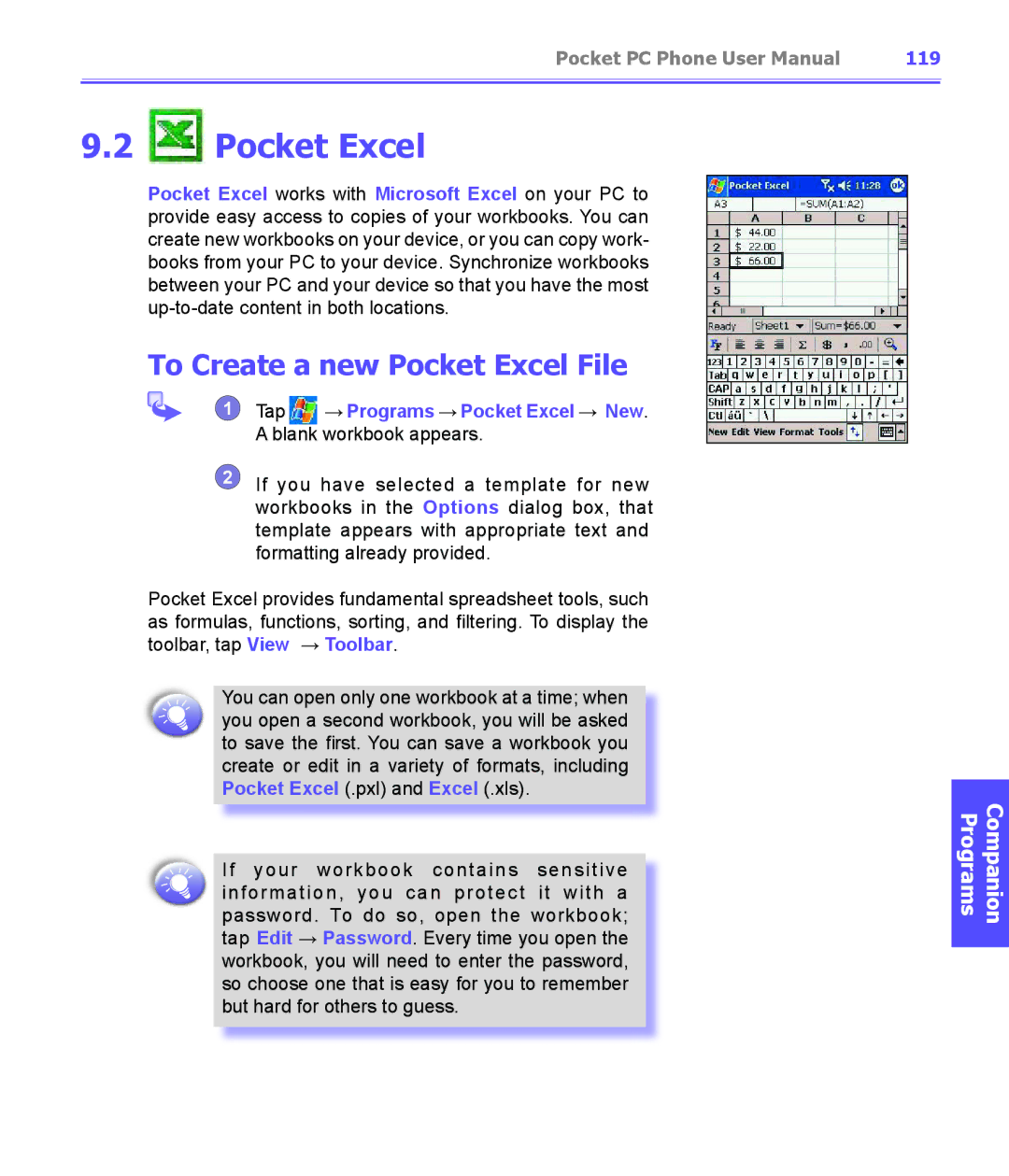 i-mate PDA2K EVDO manual To Create a new Pocket Excel File, 119 