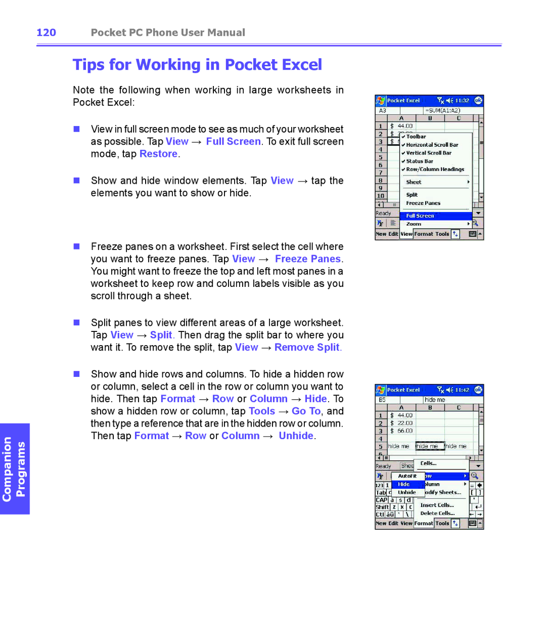 i-mate PDA2K EVDO manual Tips for Working in Pocket Excel 