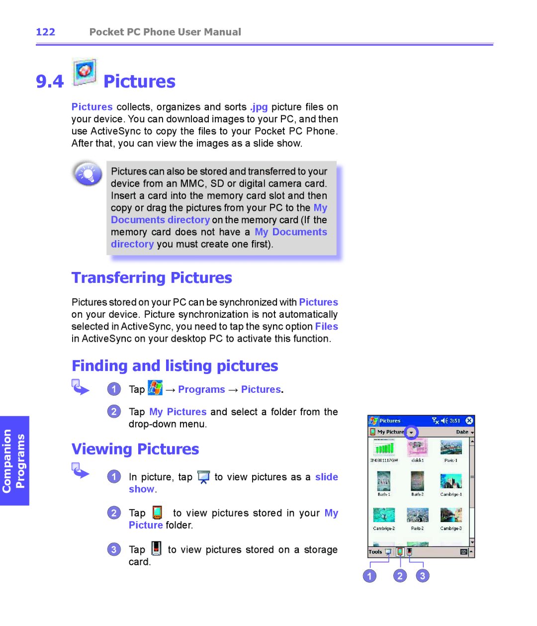 i-mate PDA2K EVDO manual Transferring Pictures, Finding and listing pictures, Viewing Pictures 