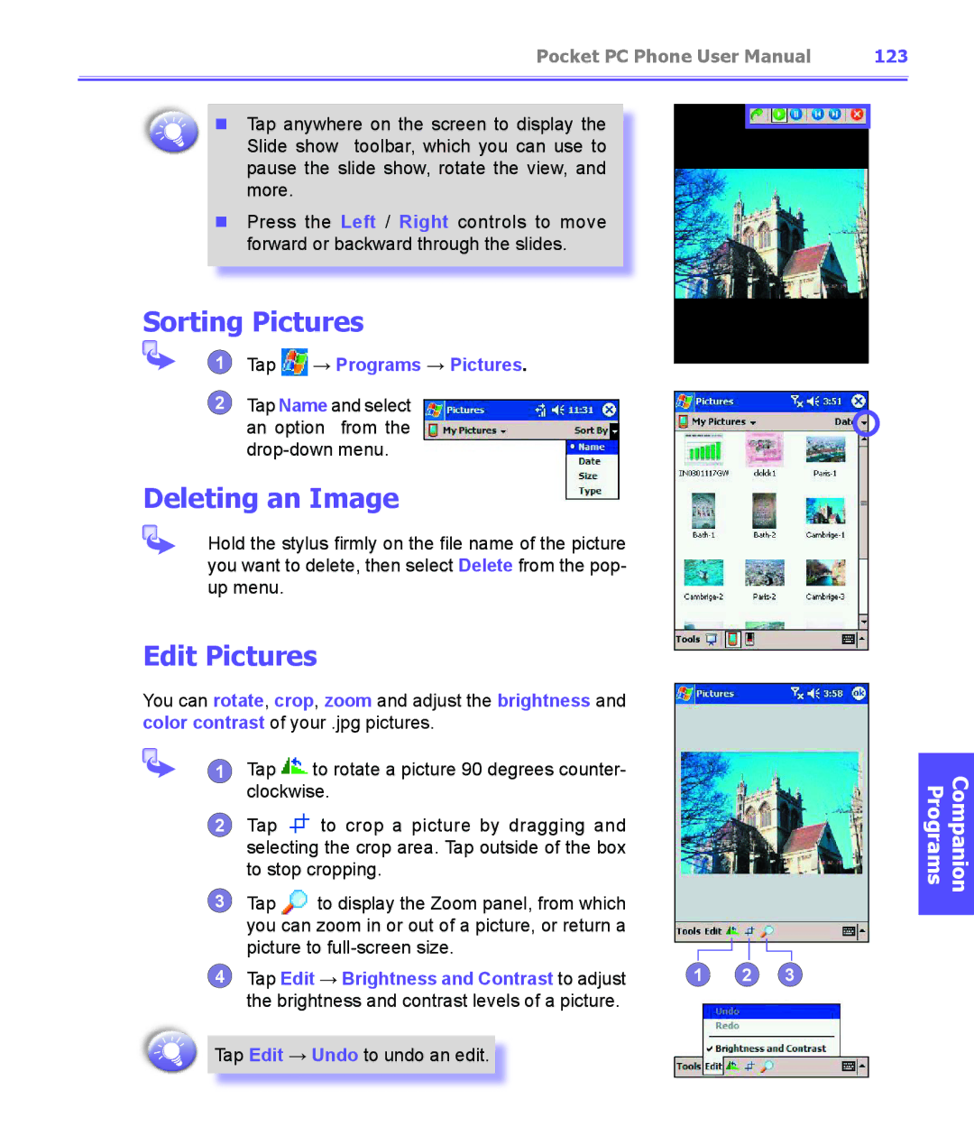 i-mate PDA2K EVDO Sorting Pictures, Deleting an Image, Edit Pictures, 123, Tap Edit → Brightness and Contrast to adjust 