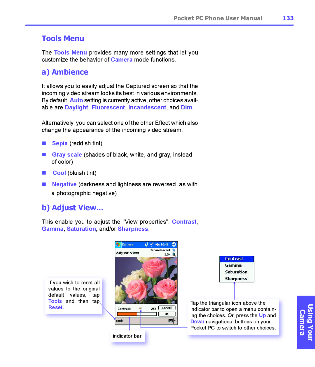 i-mate PDA2K EVDO manual Tools Menu, Ambience, Adjust View, 133, Gamma, Saturation, and/or Sharpness 
