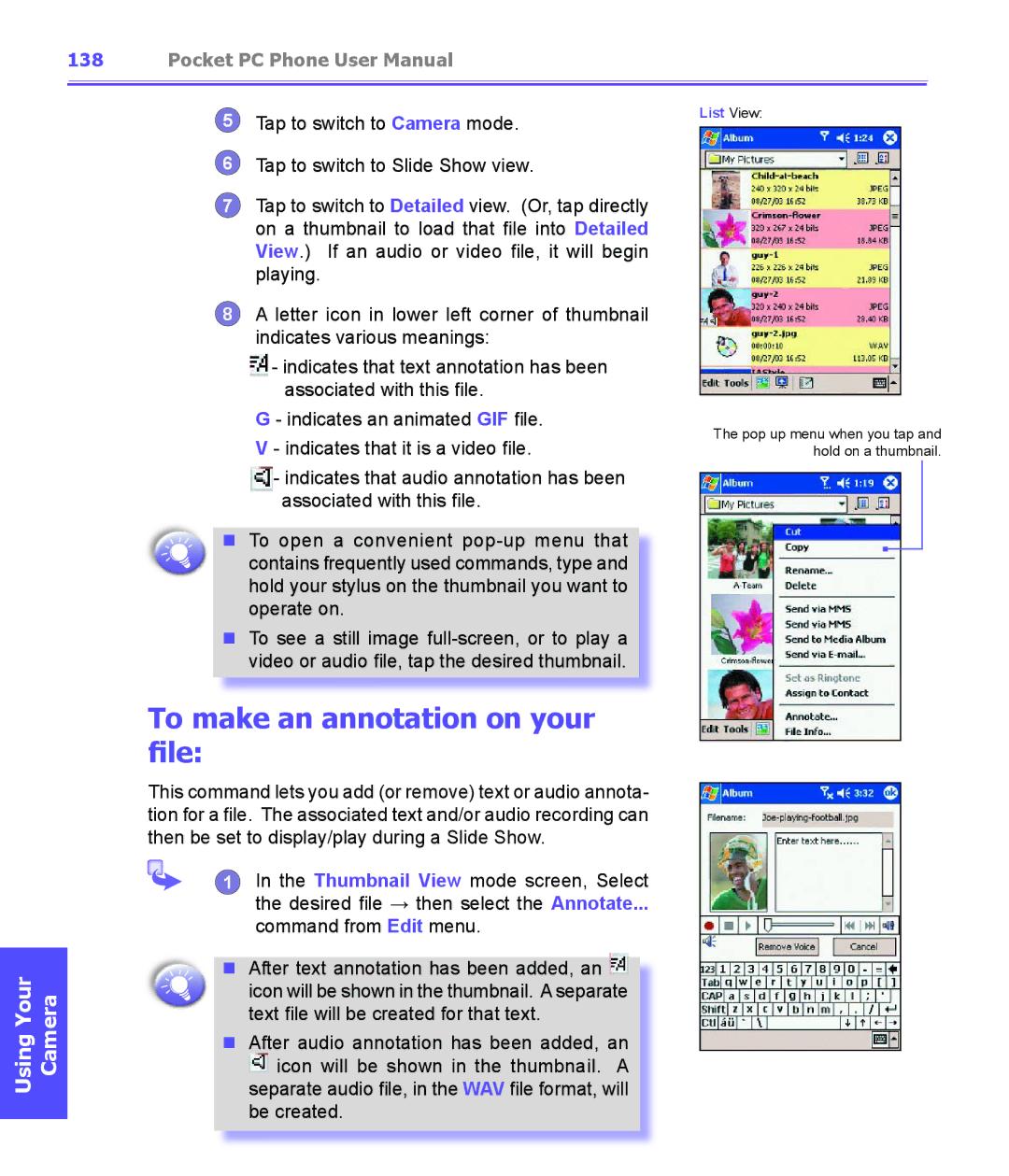 i-mate PDA2K EVDO To make an annotation on your file, Indicates an animated GIF file, Indicates that it is a video file 