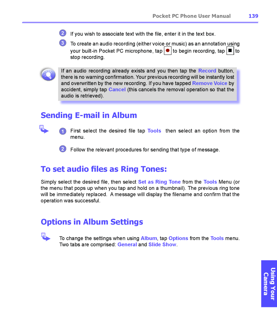 i-mate PDA2K EVDO manual Sending E-mail in Album, To set audio files as Ring Tones, Options in Album Settings, 139 