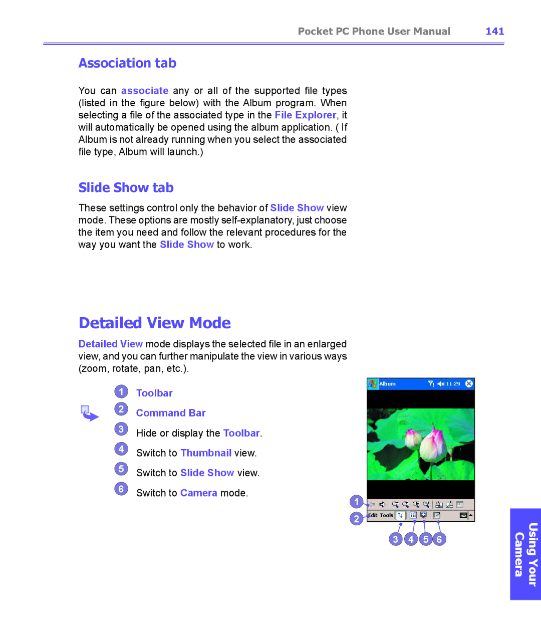 i-mate PDA2K EVDO manual Detailed View Mode, Association tab, Slide Show tab, 141, Toolbar Command Bar 