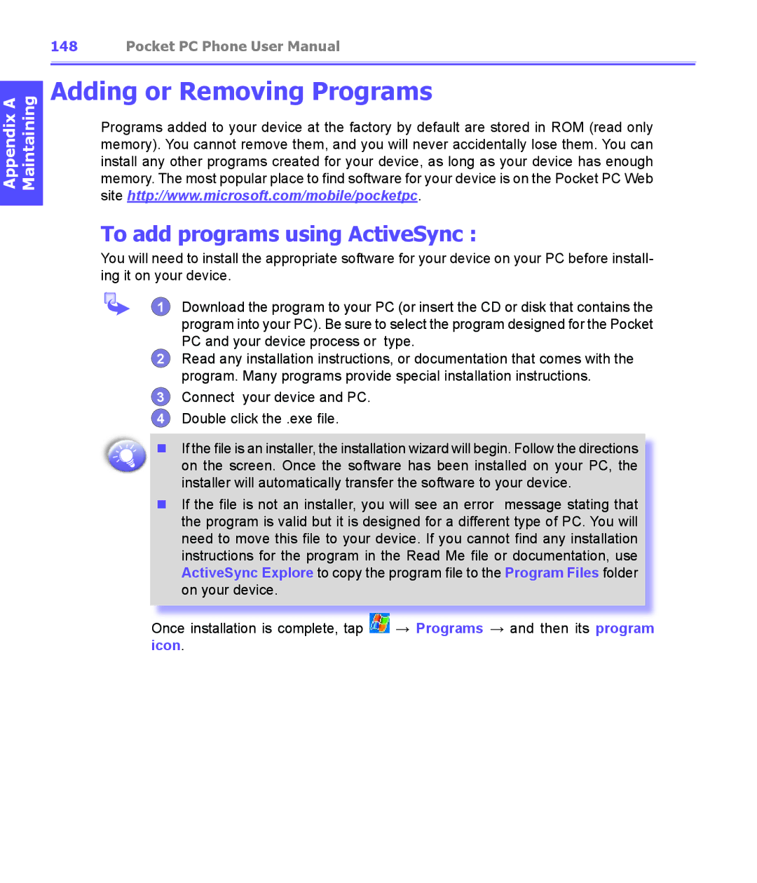 i-mate PDA2K EVDO manual Adding or Removing Programs, To add programs using ActiveSync, Icon 