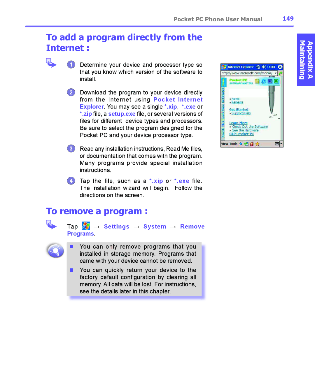 i-mate PDA2K EVDO manual To add a program directly from Internet, To remove a program, 149 