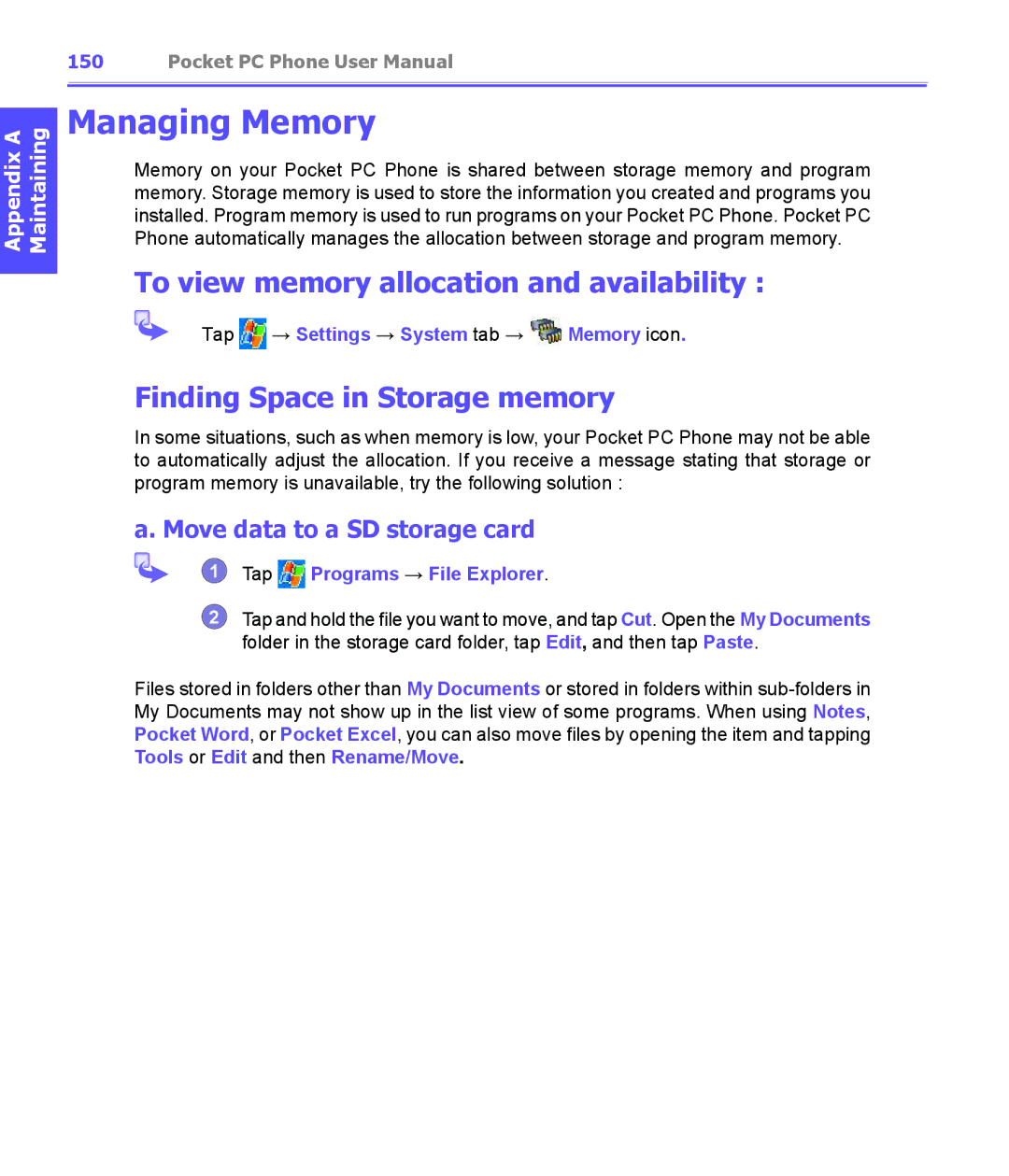 i-mate PDA2K EVDO manual Managing Memory, To view memory allocation and availability, Finding Space in Storage memory 