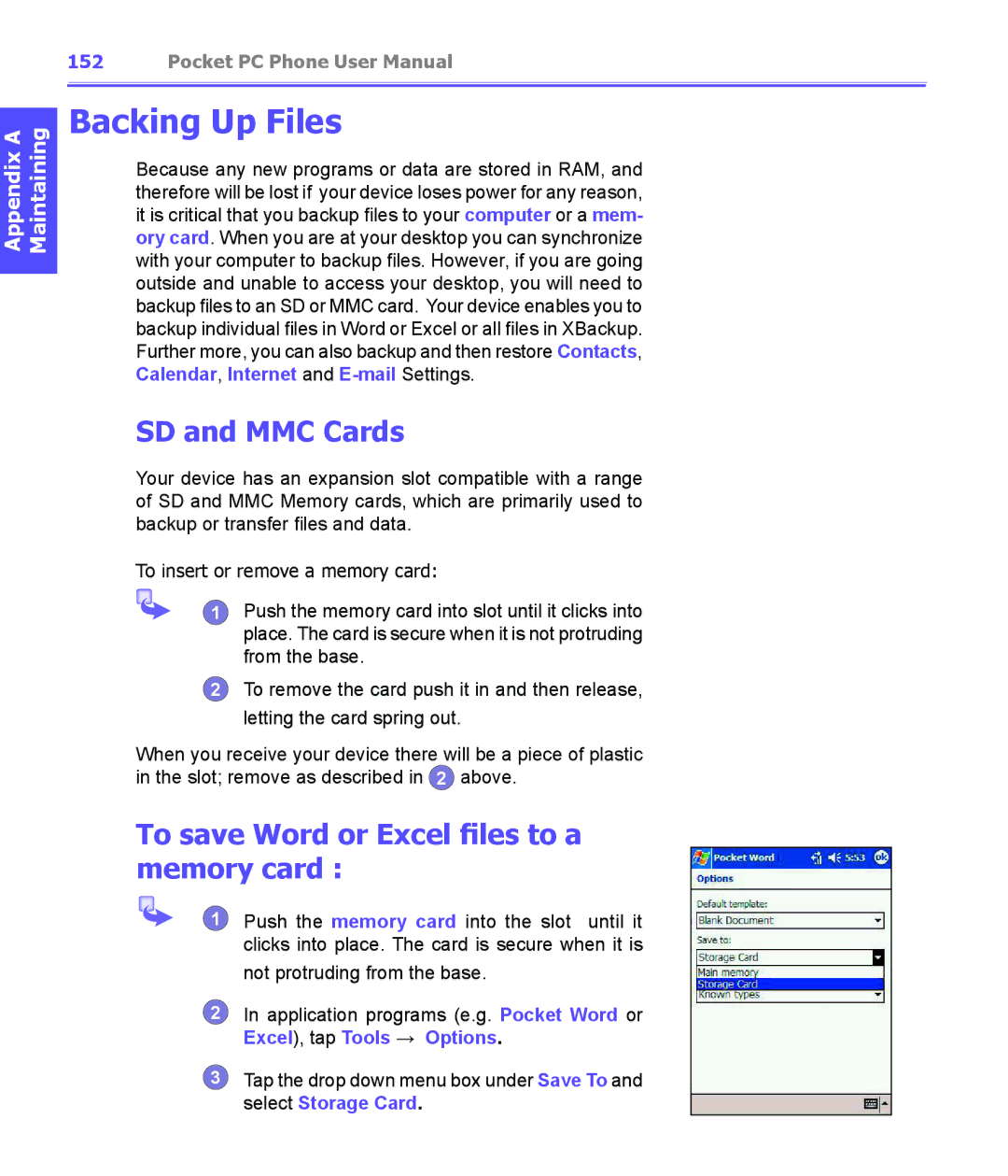 i-mate PDA2K EVDO manual Backing Up Files, SD and MMC Cards, To save Word or Excel files to a memory card 