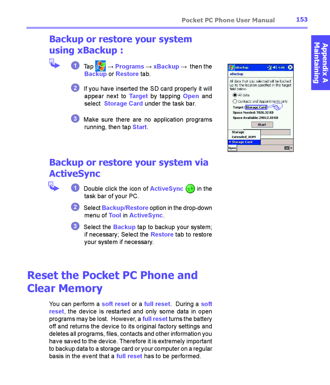 i-mate PDA2K EVDO manual Reset the Pocket PC Phone and Clear Memory, Backup or restore your system using xBackup, 153 