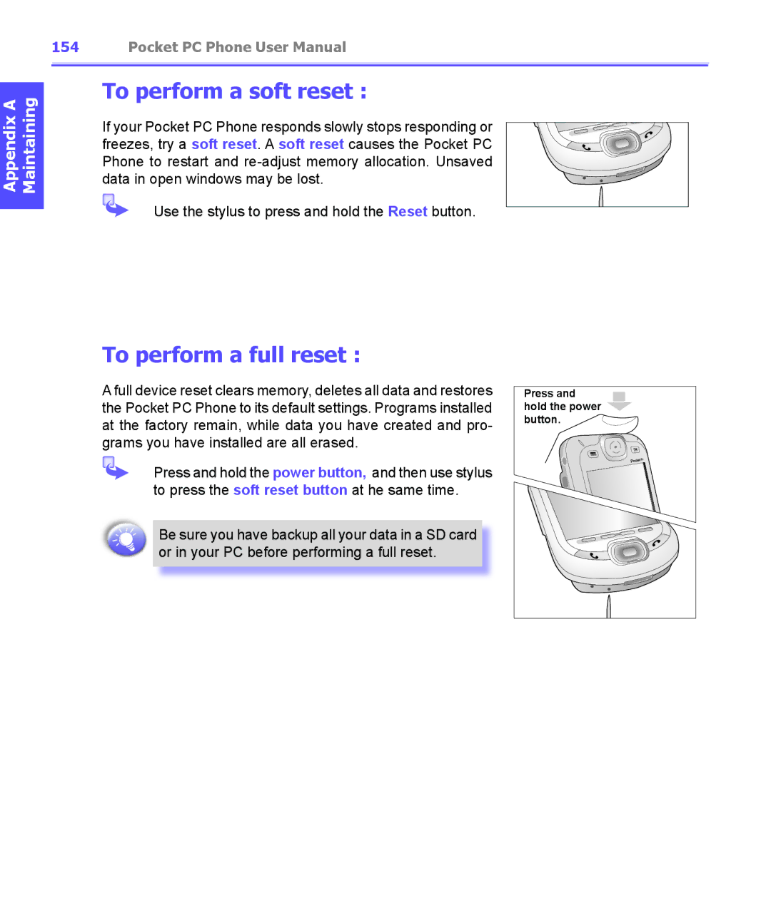 i-mate PDA2K EVDO manual To perform a soft reset, To perform a full reset 