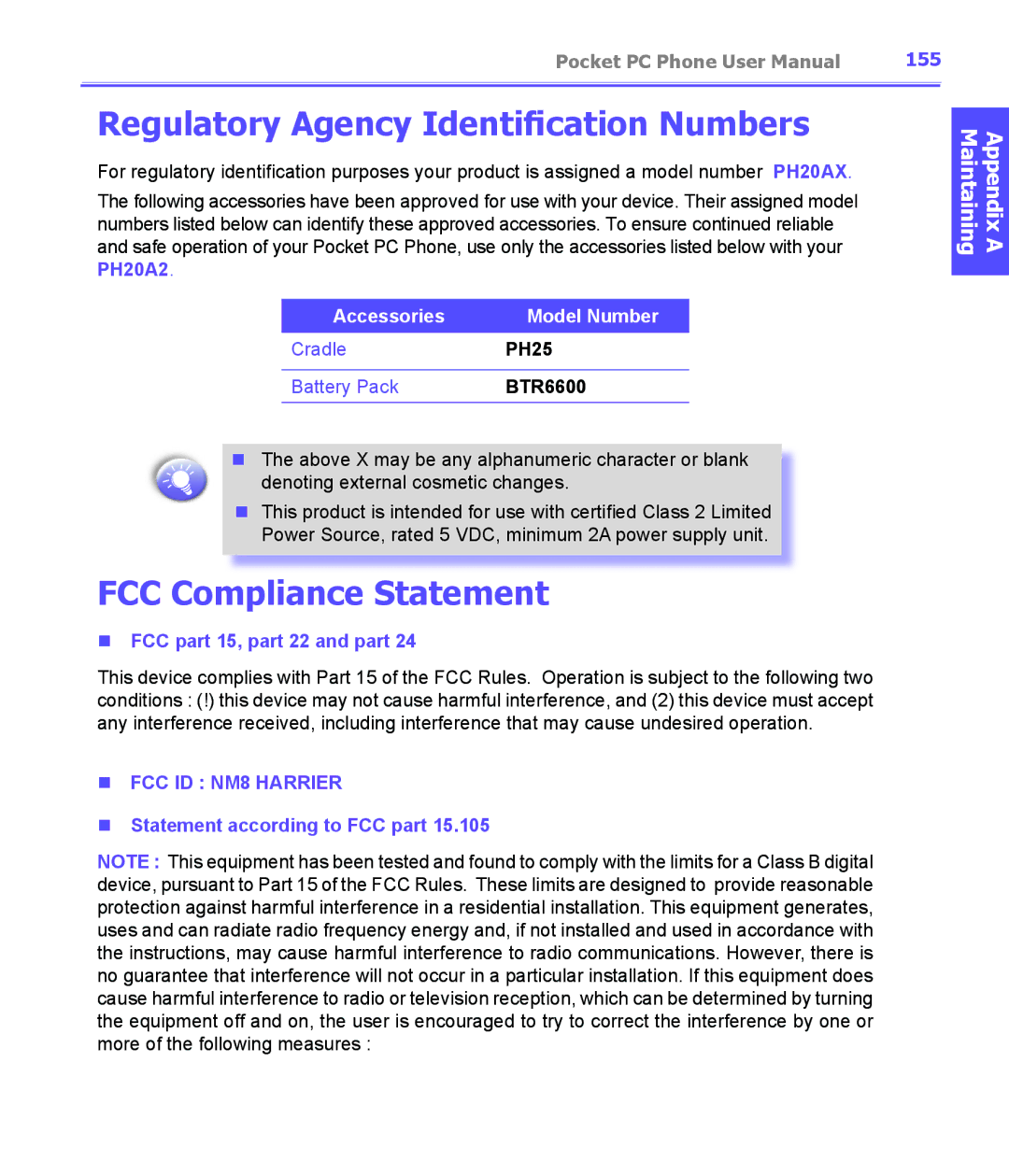 i-mate PDA2K EVDO manual Regulatory Agency Identification Numbers, FCC Compliance Statement, 155 