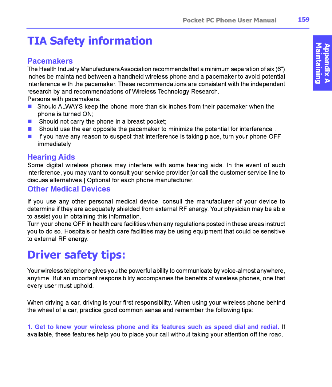 i-mate PDA2K EVDO manual TIA Safety information, Driver safety tips, 159 