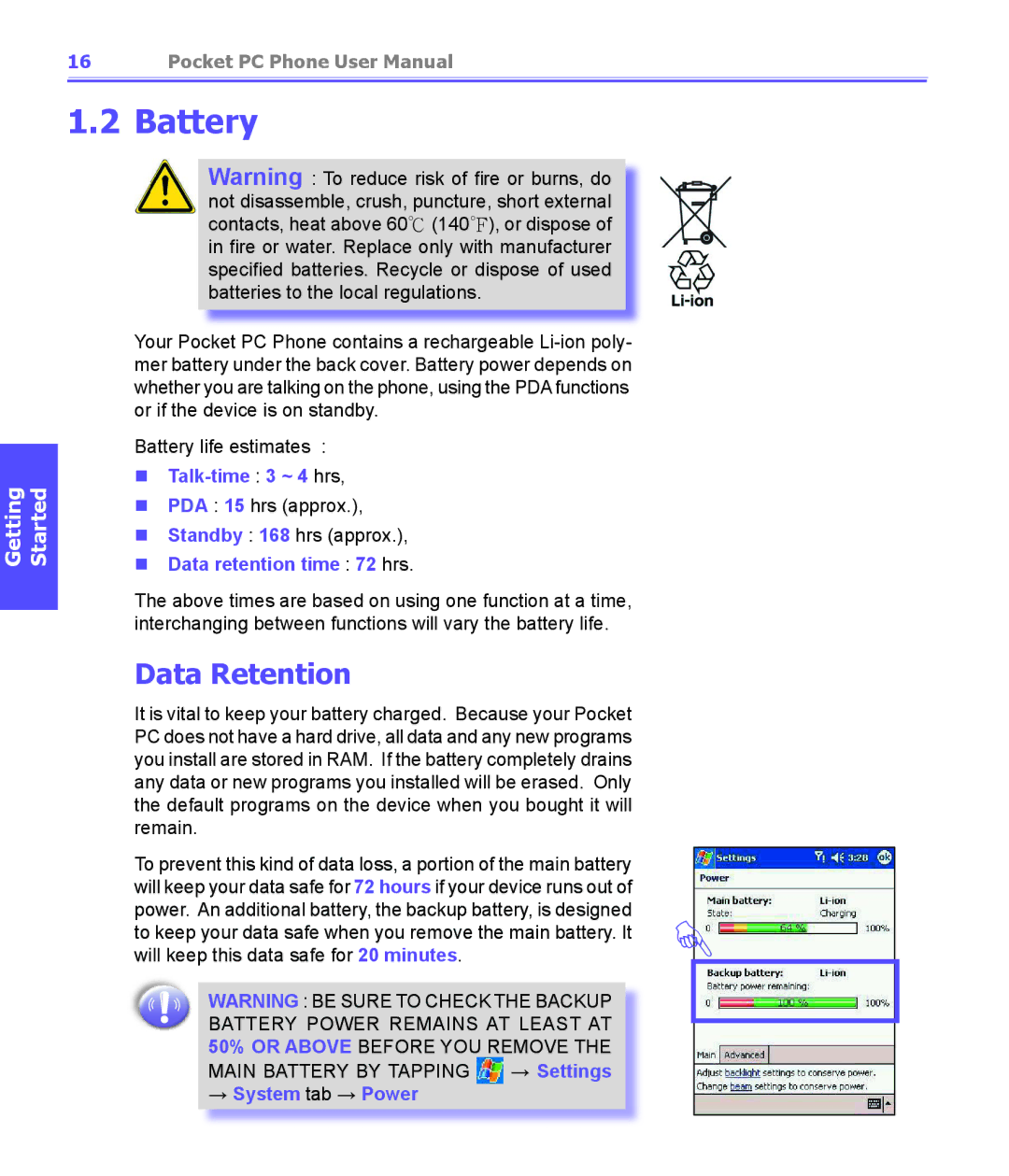 i-mate PDA2K EVDO manual Battery, Data Retention, Talk-time 3 ~ 4 hrs, Data retention time 72 hrs, → System tab → Power 