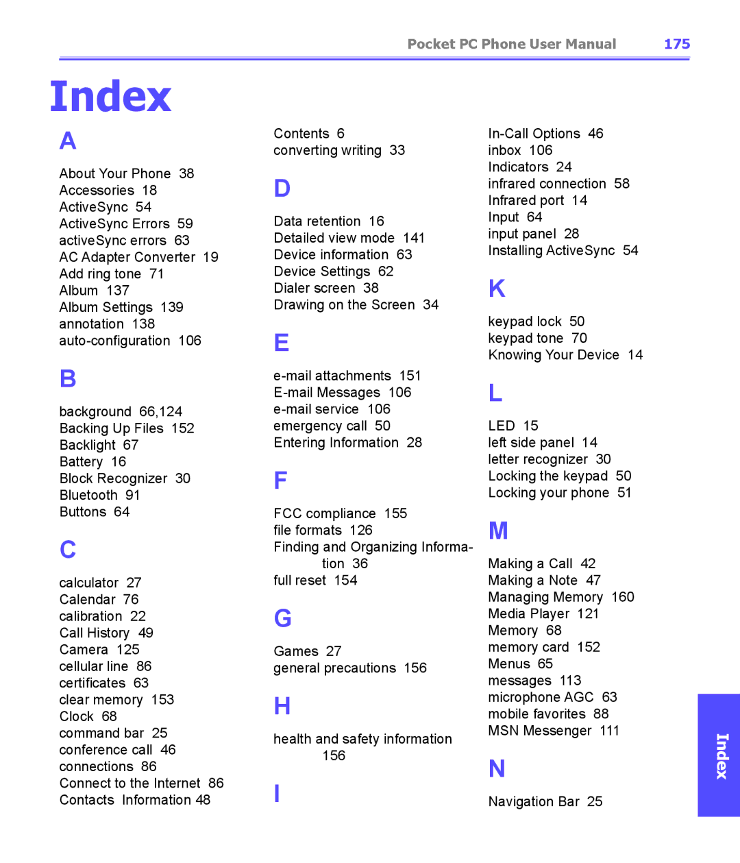 i-mate PDA2K EVDO manual Index, 175 