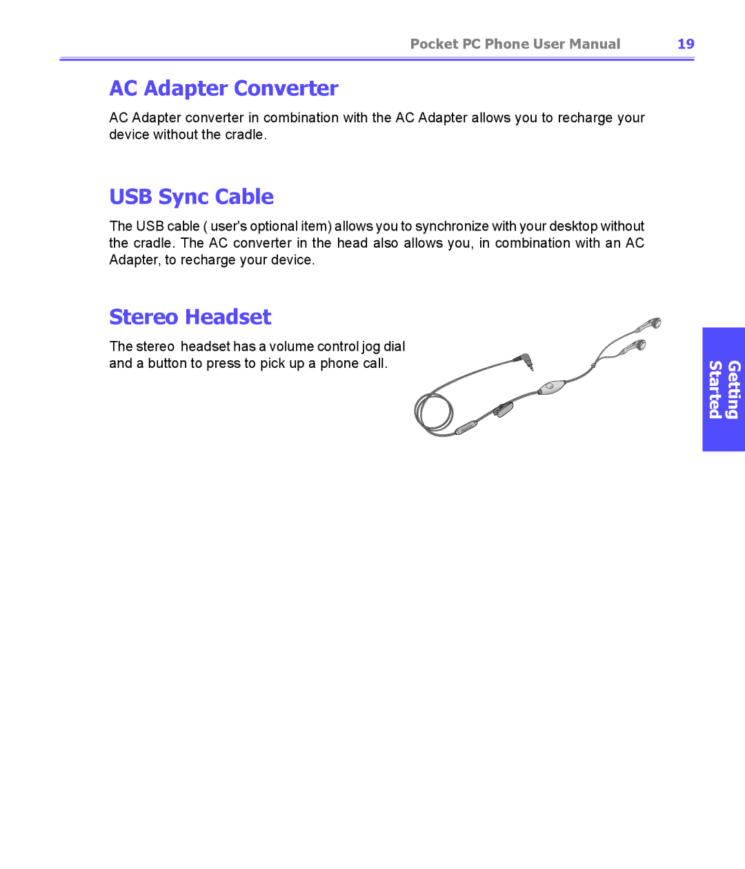 i-mate PDA2K EVDO manual AC Adapter Converter, USB Sync Cable, Stereo Headset 