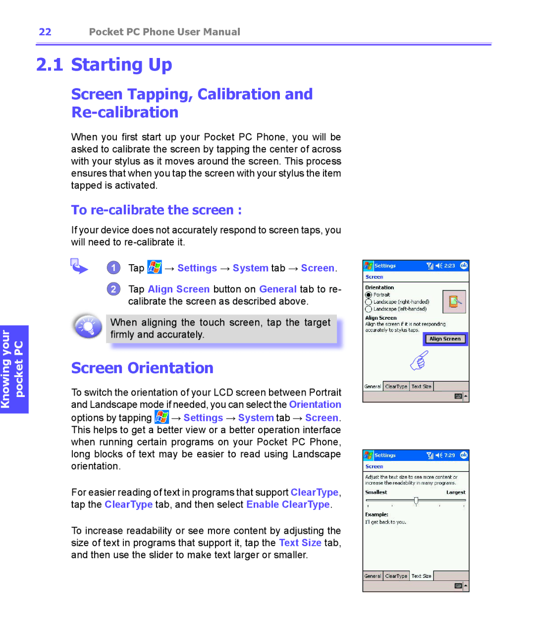 i-mate PDA2K EVDO manual Starting Up, Screen Tapping, Calibration and Re-calibration, Screen Orientation 