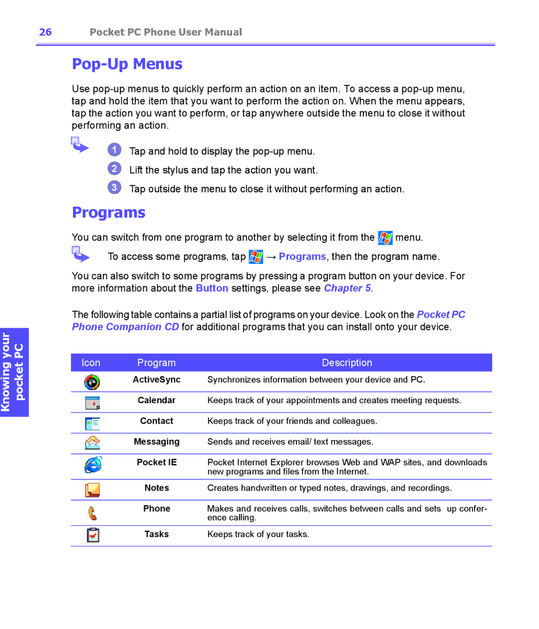 i-mate PDA2K EVDO manual Pop-Up Menus, Programs 