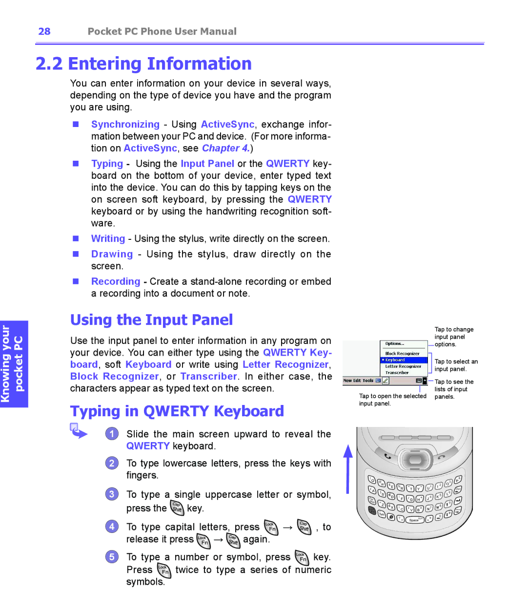 i-mate PDA2K EVDO manual Entering Information, Using the Input Panel, Typing in Qwerty Keyboard 