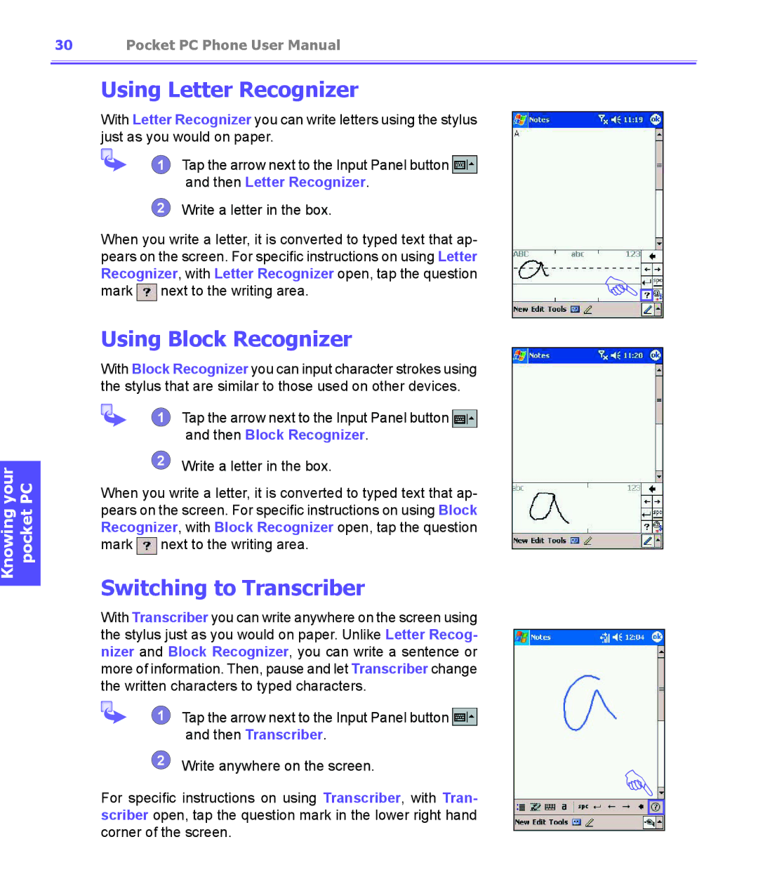 i-mate PDA2K EVDO manual Using Letter Recognizer, Using Block Recognizer, Switching to Transcriber 