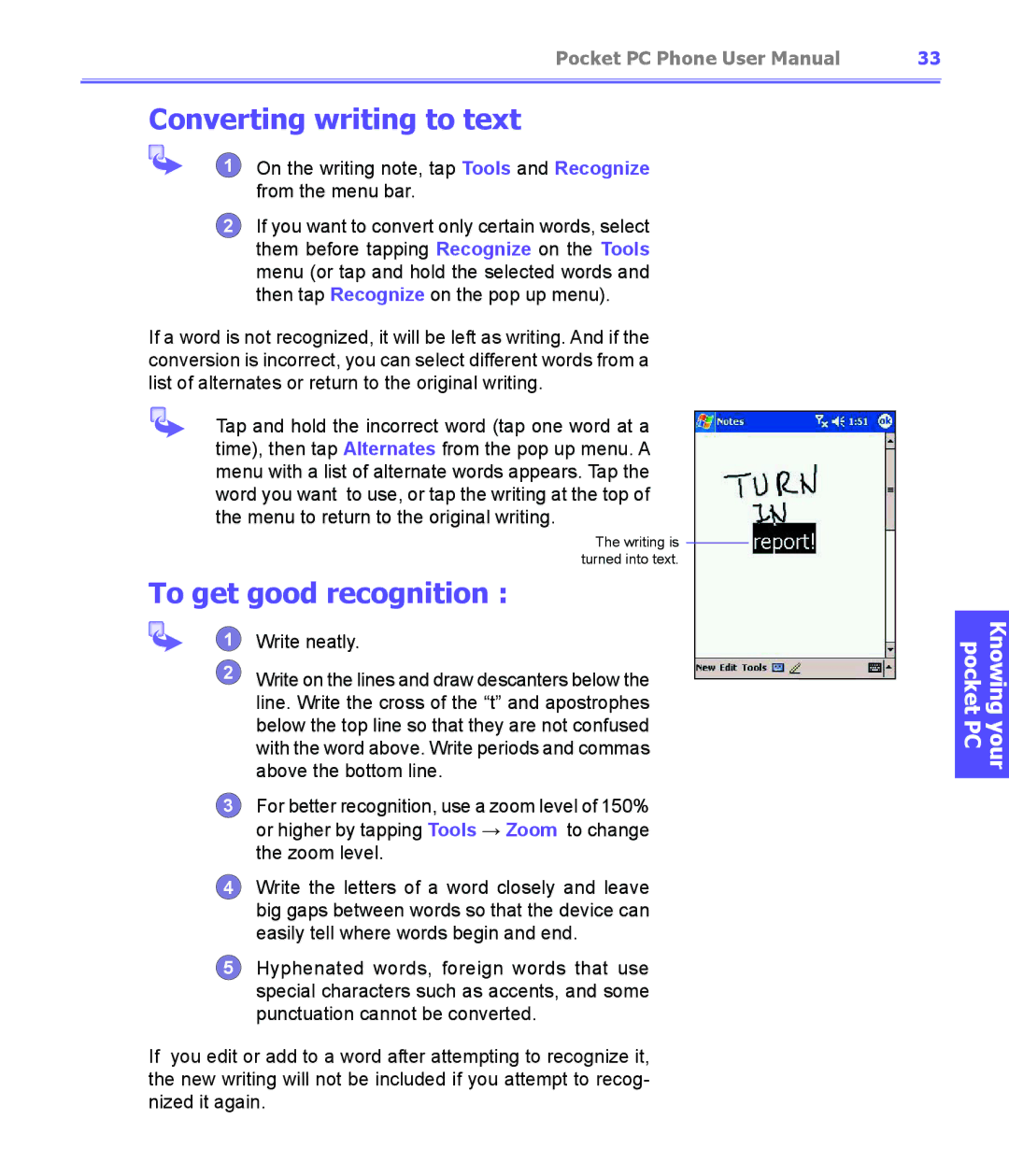 i-mate PDA2K EVDO manual Converting writing to text, To get good recognition 