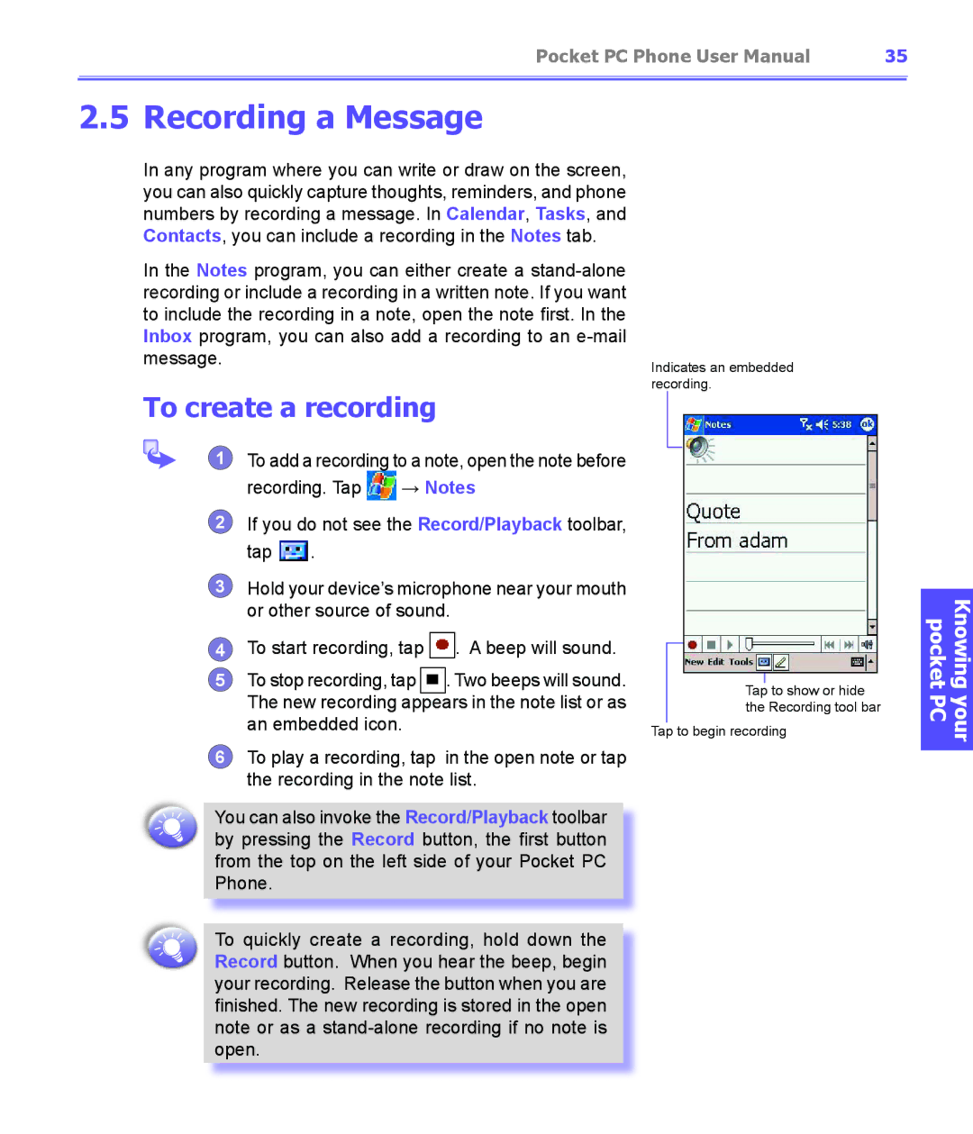 i-mate PDA2K EVDO manual Recording a Message, To create a recording 