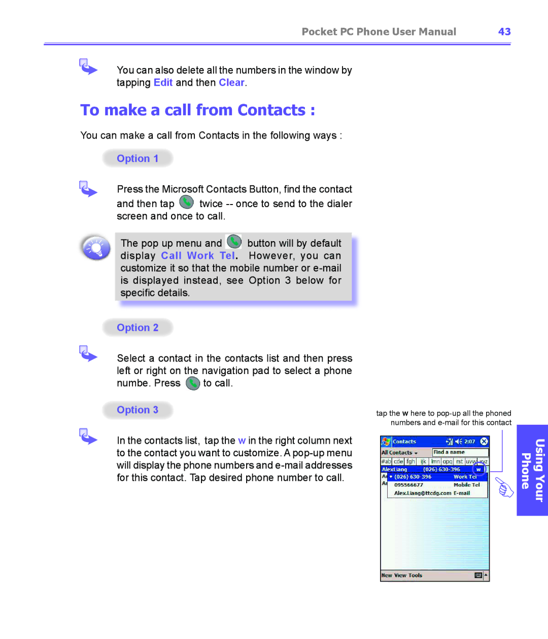 i-mate PDA2K EVDO manual To make a call from Contacts, Option 