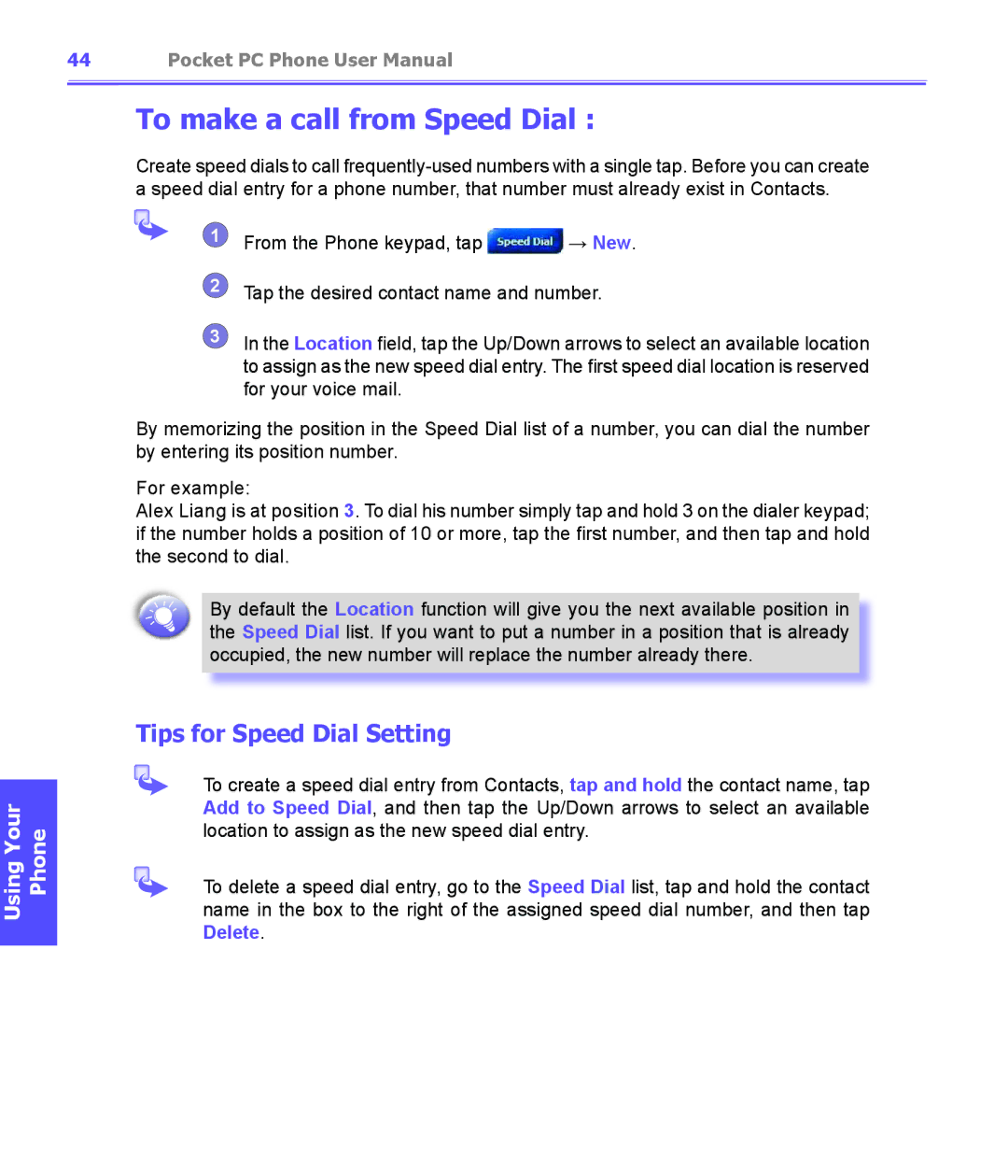 i-mate PDA2K EVDO manual To make a call from Speed Dial, Tips for Speed Dial Setting 