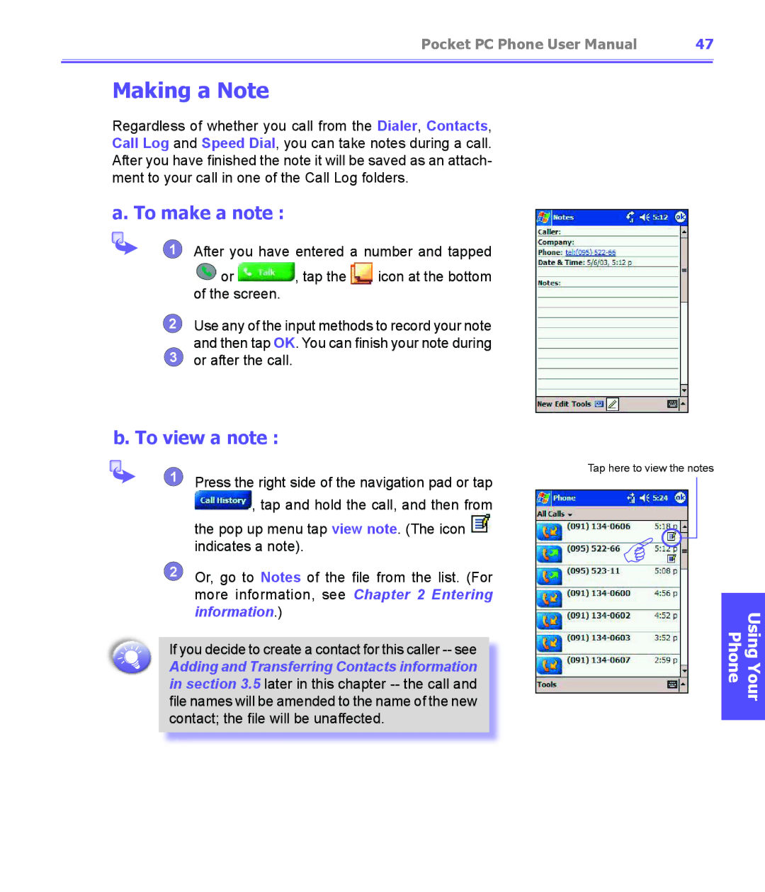 i-mate PDA2K EVDO manual Making a Note, To make a note, To view a note 