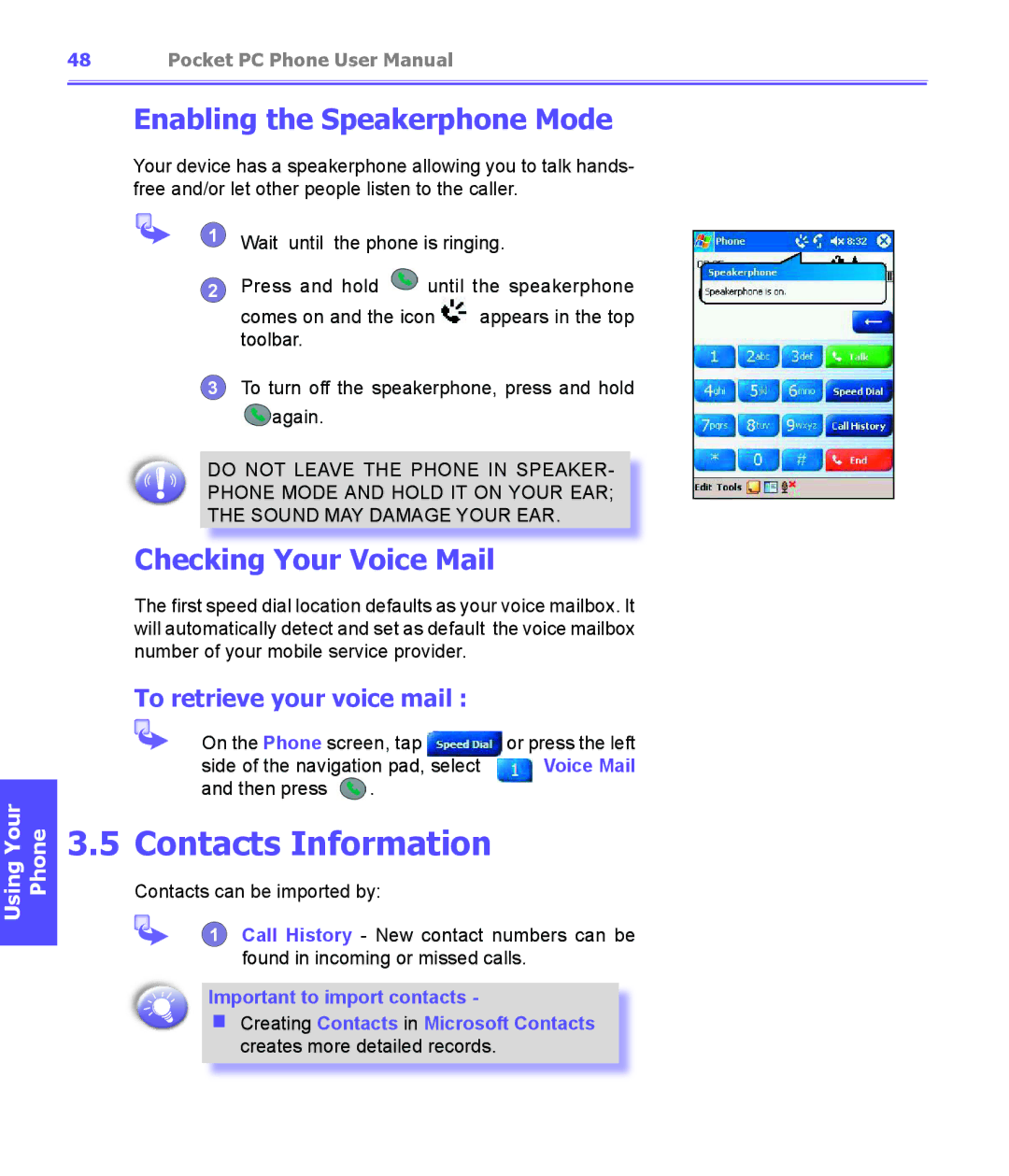 i-mate PDA2K EVDO manual Contacts Information, Enabling the Speakerphone Mode, Checking Your Voice Mail 