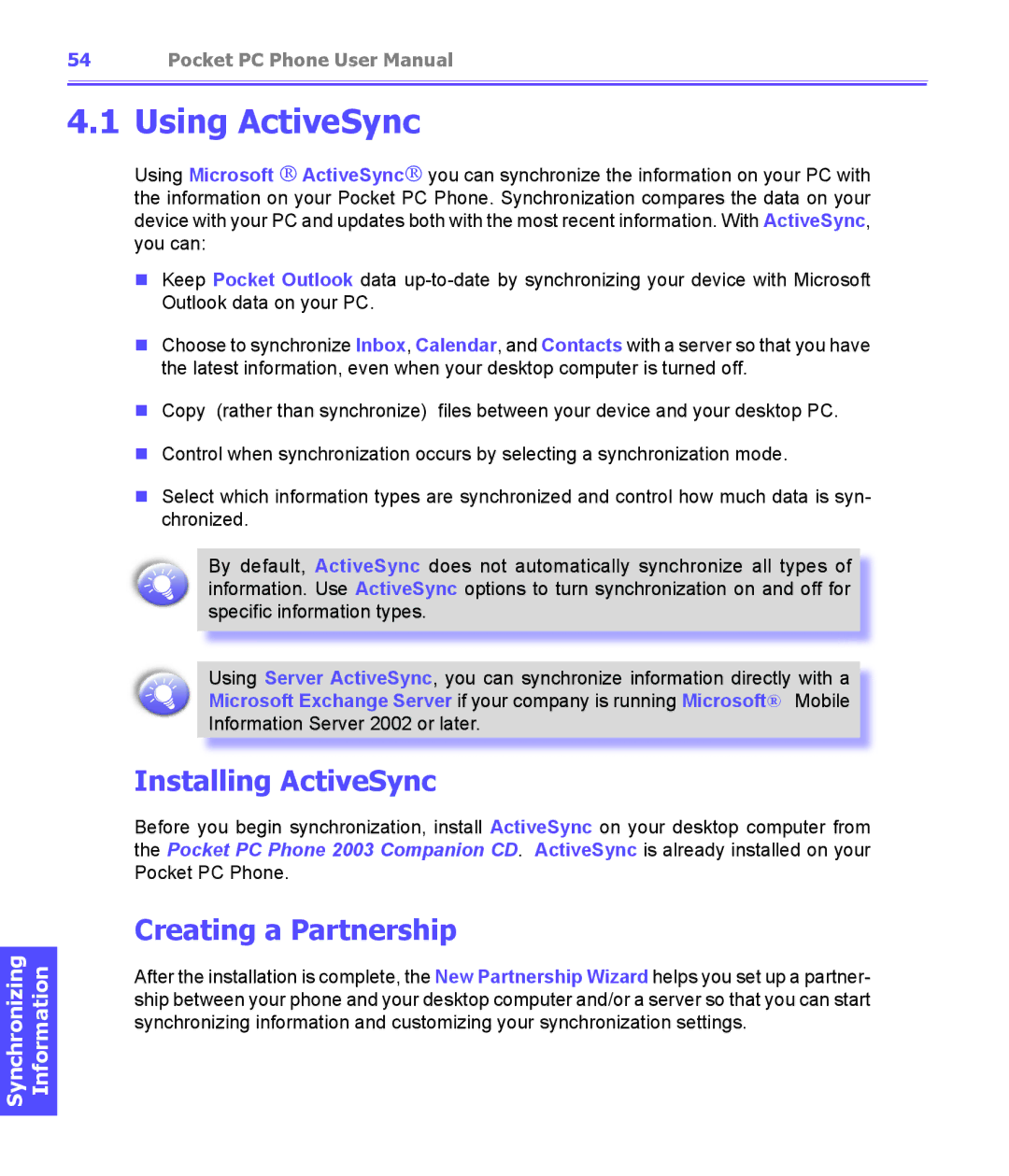 i-mate PDA2K EVDO manual Using ActiveSync, Installing ActiveSync, Creating a Partnership 