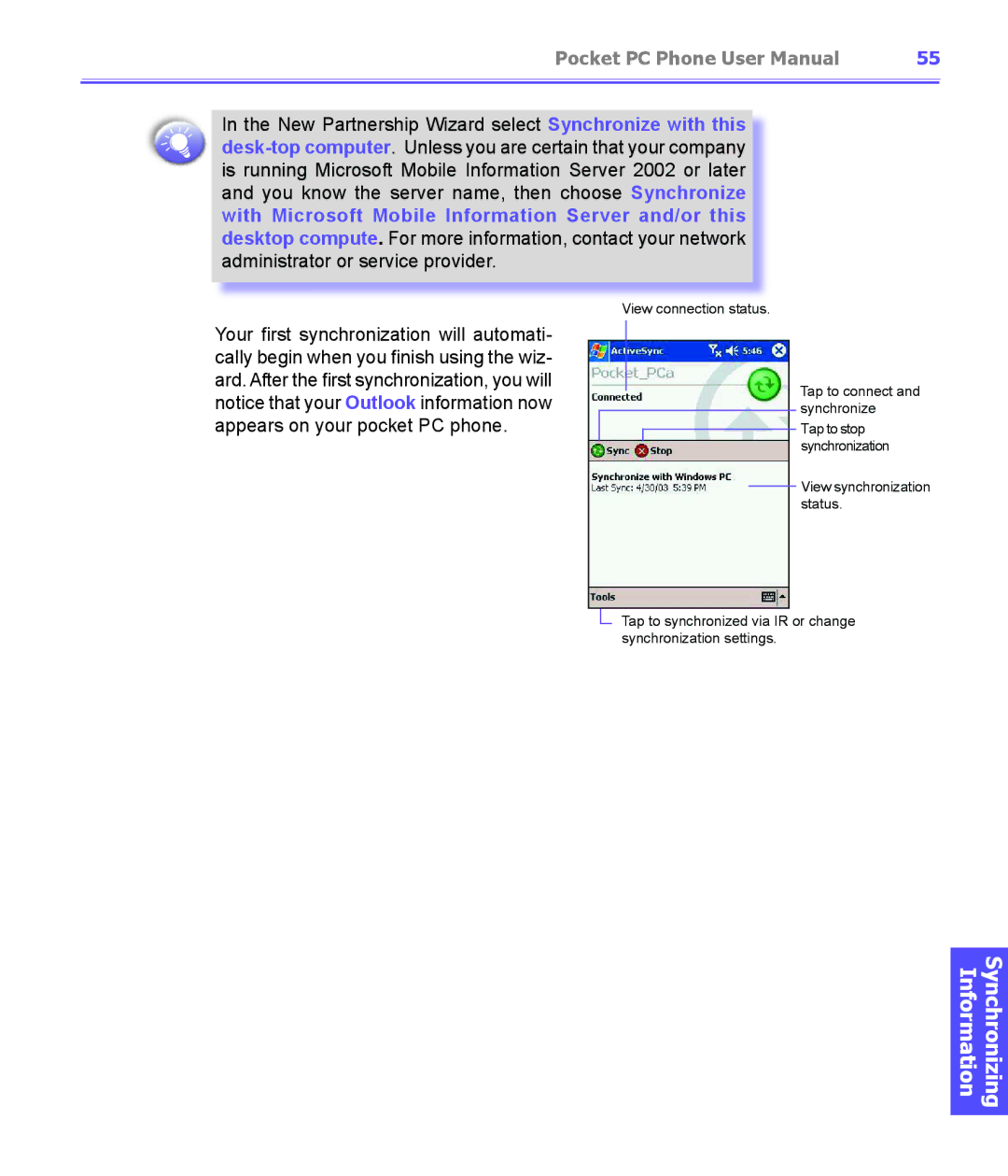 i-mate PDA2K EVDO manual Synchronizing Information 