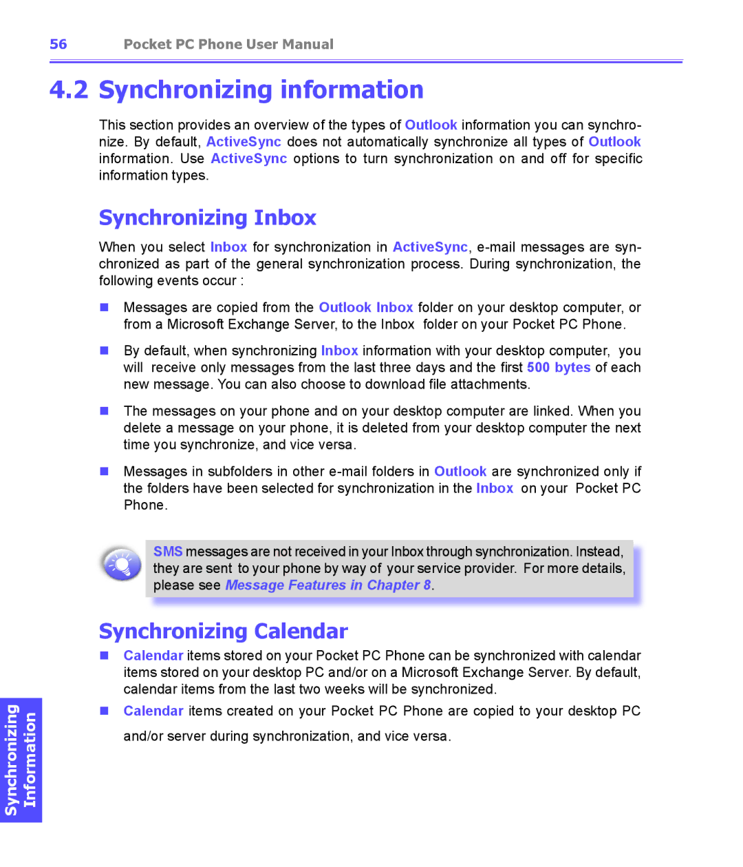 i-mate PDA2K EVDO manual Synchronizing information, Synchronizing Inbox, Synchronizing Calendar 