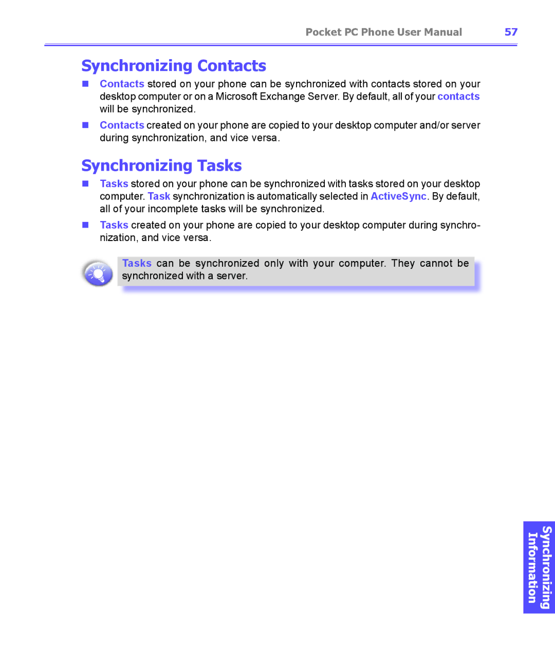 i-mate PDA2K EVDO manual Synchronizing Contacts, Synchronizing Tasks 