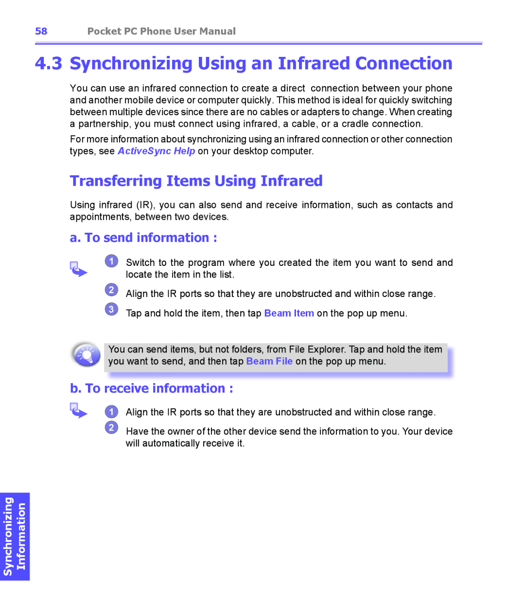 i-mate PDA2K EVDO manual Synchronizing Using an Infrared Connection, Transferring Items Using Infrared, To send information 