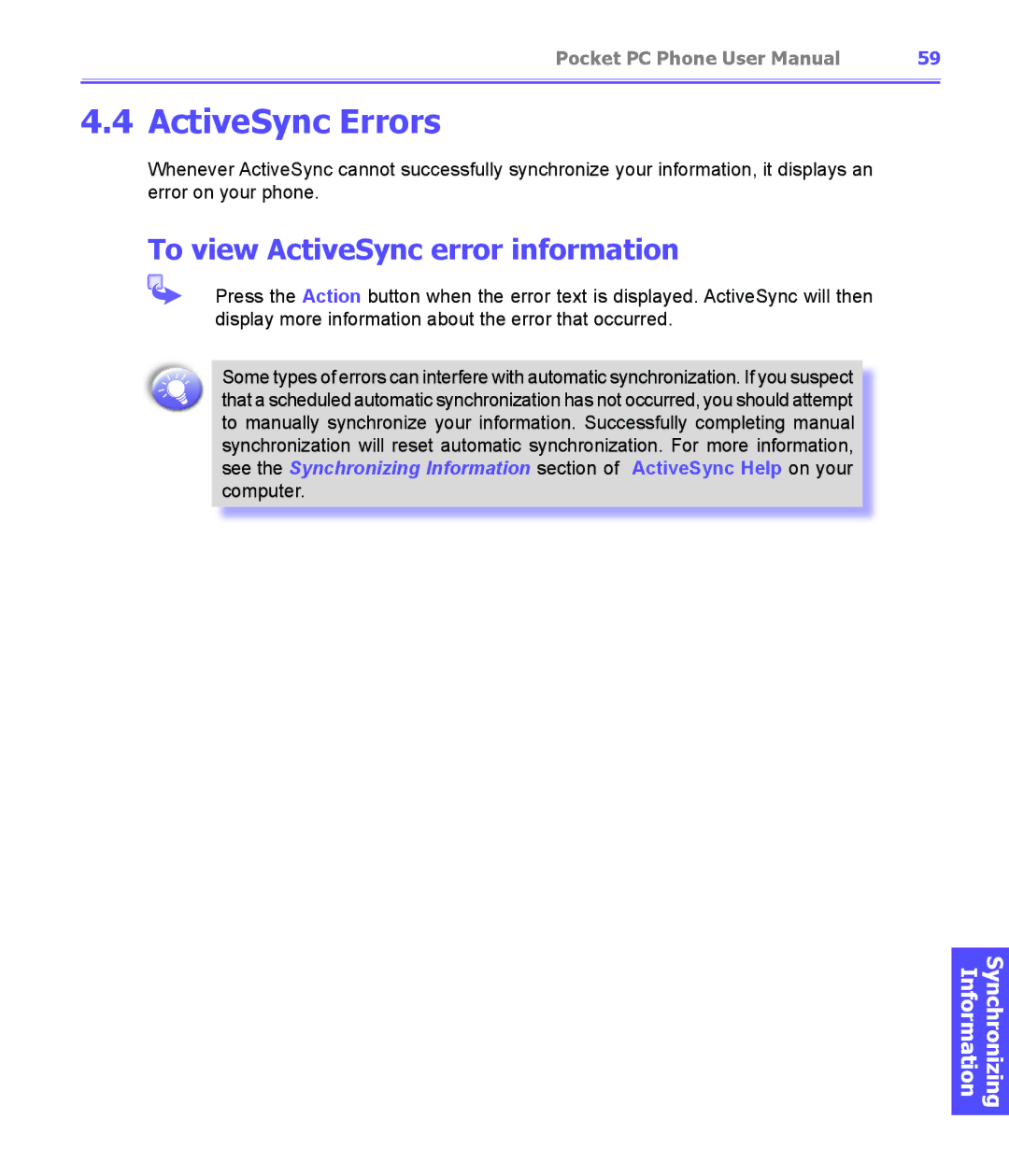 i-mate PDA2K EVDO manual ActiveSync Errors, To view ActiveSync error information 