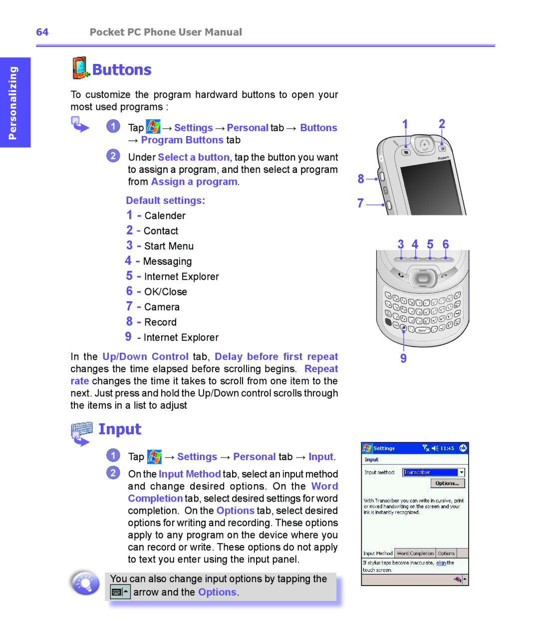 i-mate PDA2K EVDO manual Buttons, Input 