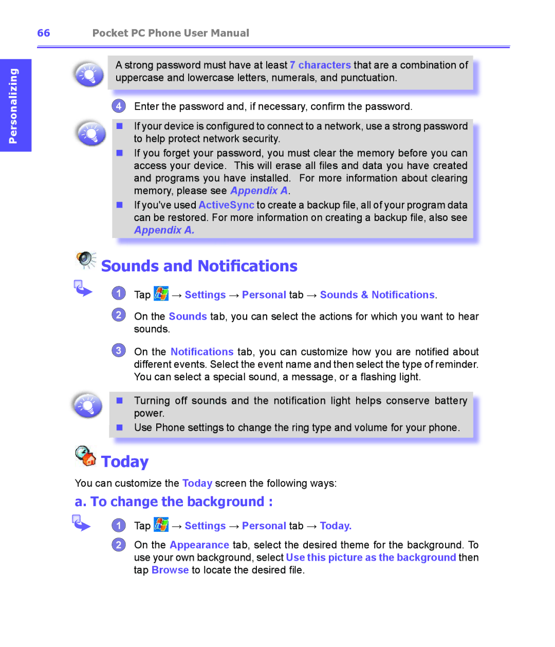 i-mate PDA2K EVDO manual Sounds and Notifications, To change the background, Tap → Settings → Personal tab → Today 